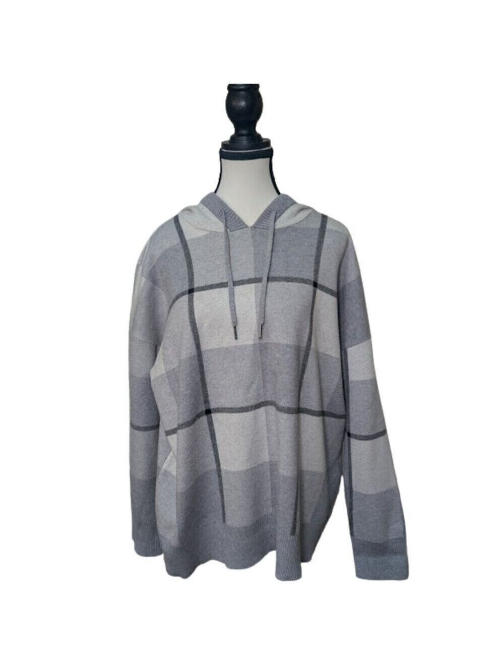 Rachel Roy Plus Size 1X Gray Check Knit Hoodie Sweater Cozy Neutral Cabincore